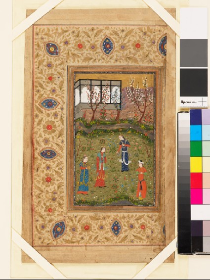 Recto: Humay and Humayun in a garden
Verso: Page from a Qur’an in muhaqqaq scriptfront