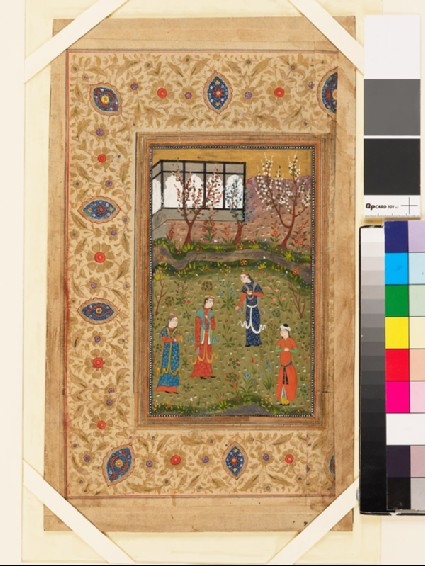 Recto: Humay and Humayun in a garden
Verso: Page from a Qur’an in muhaqqaq scriptfront