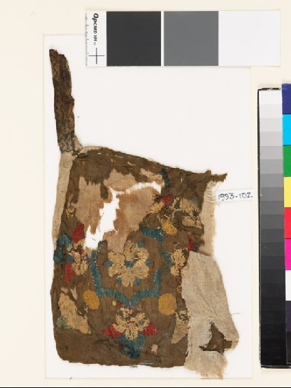 Textile fragment with octagon, rosette, and palmettes, possibly from a bag or pocketfront