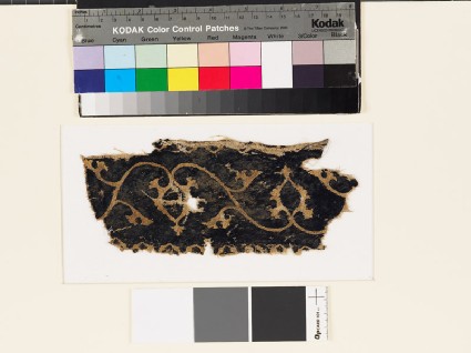 Textile fragment with scrolling stems, leaves, and palmettesfront