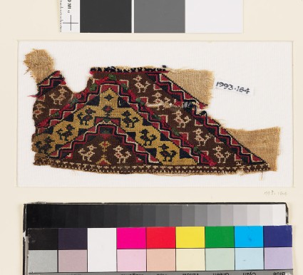 Textile fragment with bands of birds and plantsfront