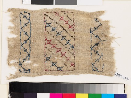 Textile fragment with steps, florets, and chevronsfront
