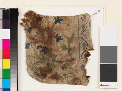 Textile fragment with plant, flowers, and leaves, possibly from a pocketfront