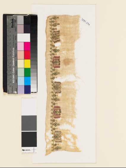 Textile fragment with flowering plants, stylized flowers, and arrowheadsfront