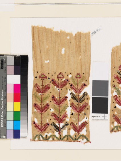 Textile fragment with stylized plants and chevronsfront