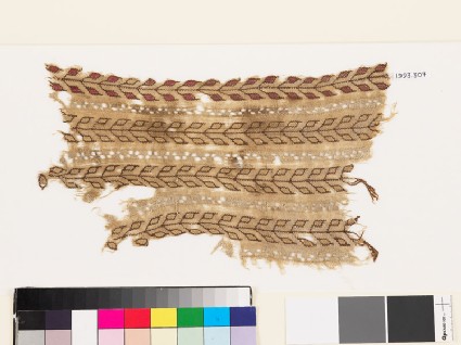 Textile fragment with stems and pairs of leavesfront