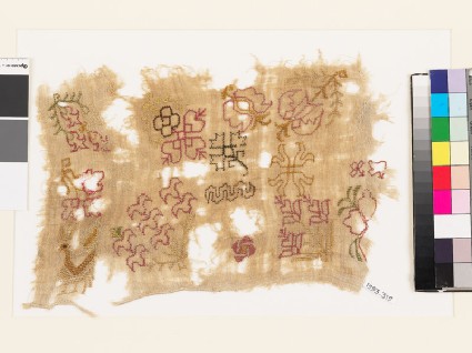 Sampler fragment with flowering plants, flower-heads, cloudband, rosette, and peacockfront