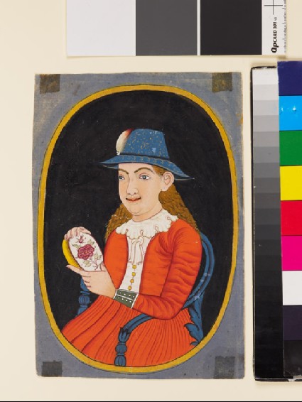 European, probably Dutch, woman holding an enamelled boxfront