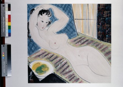 Nude reclining next to a fruit bowlfront