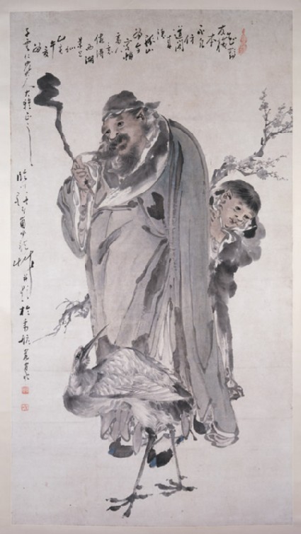 Man and boy with plum blossoms and a cranefront