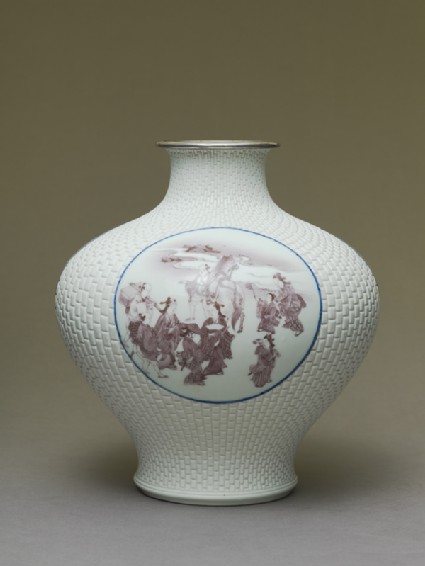 Baluster vase with cartouches depicting Mount Fuji, samurai, and chickensside