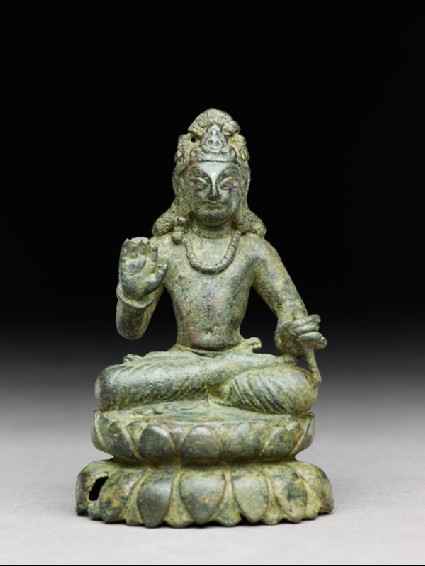 Figure of a seated bodhisattva or Maitreya, the future Buddha, on double lotus petal basefront