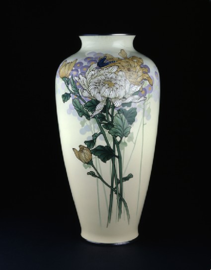 Baluster vase with chrysanthemums and a butterflyside