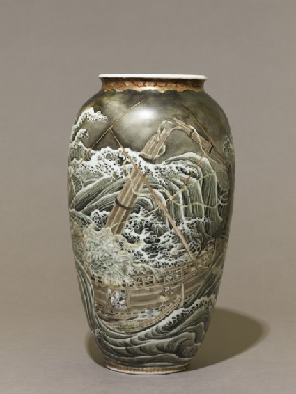 Vase depicting a ship in a stormy seaside