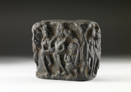 Stone fragment depicting narrative scenes in reliefoblique