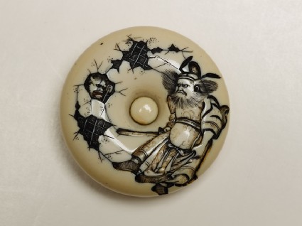 Manjū netsuke depicting an oni peering at Shōki the Demon Quellerfront