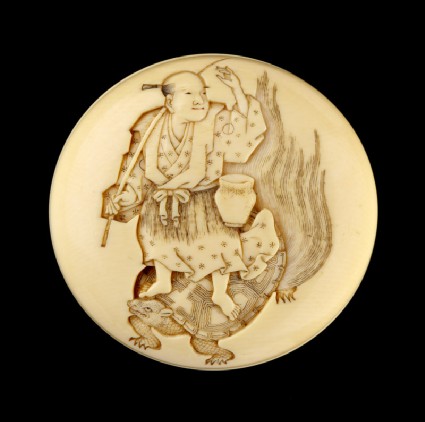 Manjū netsuke depicting Urashima Tarō riding on the back of his wife, who is disguised as a turtlefront