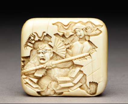 Manjū netsuke depicting Benkei leaping over the warrior Minamoto Yoshitsunefront