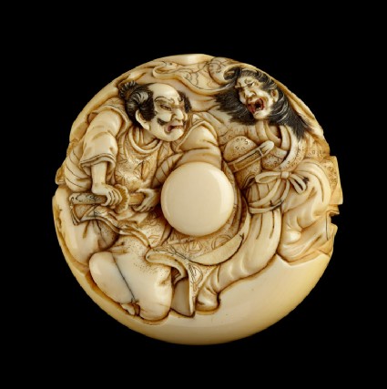 Manjū netsuke depicting Taira no Koremochi with a witchfront