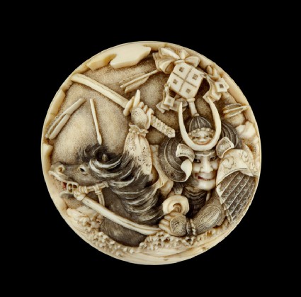 Manjū netsuke depicting Sasaki Takatsuna and Kajiwara Kagesue crossing the Uji Riverfront