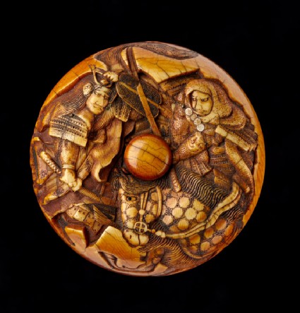 Manjū netsuke depicting Uesugi Kenshin and Takeda Shingen at the battle of Kawanakajimafront