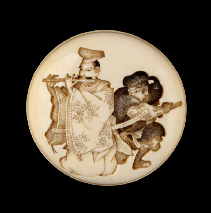 Manjū netsuke depicting Yasumasa playing his flute about to be attacked by the bandit Hakadamarefront