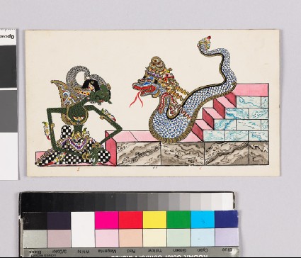 Card with characters from Wayang theatrefront