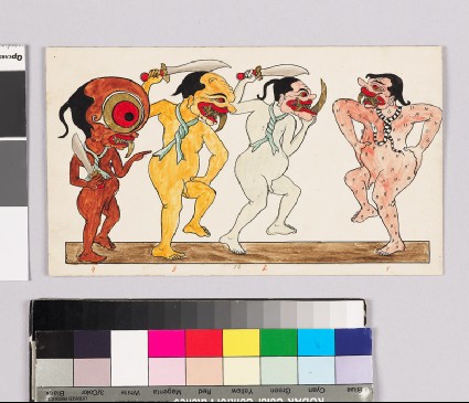 Card with characters from Wayang theatrefront