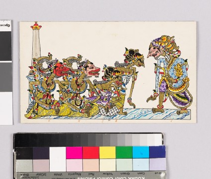 Card with characters from Wayang theatrefront