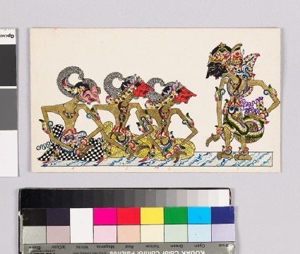 Card with characters from Wayang theatrefront