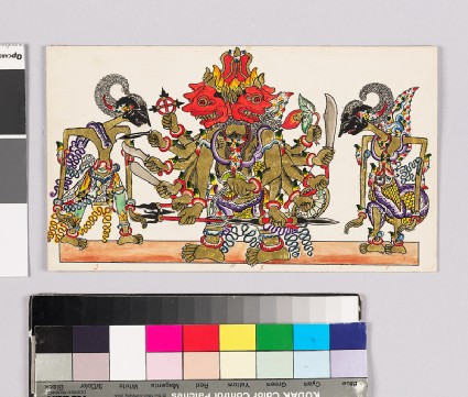 Card with characters from Wayang theatrefront