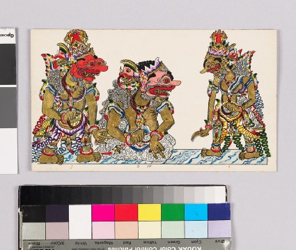 Card with characters from Wayang theatrefront