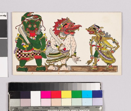 Card with characters from Wayang theatrefront