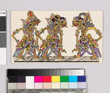 Card with characters from Wayang theatrefront