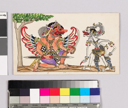 Card with characters from Wayang theatrefront