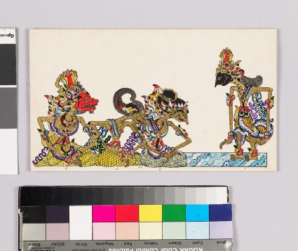 Card with characters from Wayang theatrefront