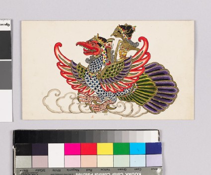 Card with characters from Wayang theatrefront