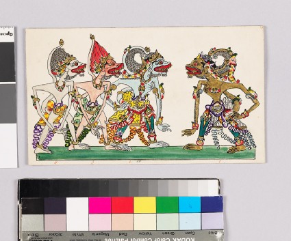 Card with characters from Wayang theatrefront