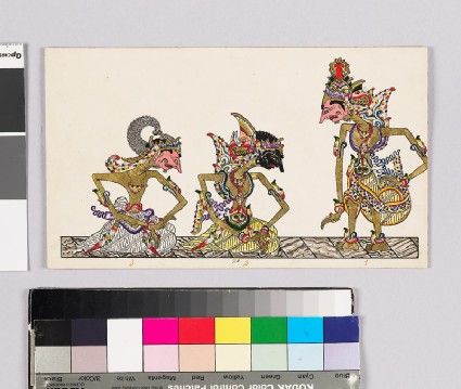 Card with characters from Wayang theatrefront