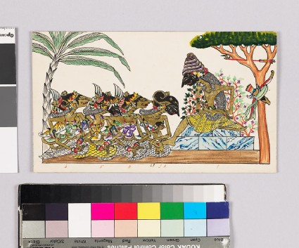 Card with characters from Wayang theatrefront