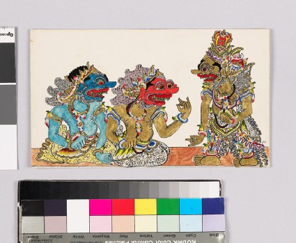 Card with characters from Wayang theatrefront