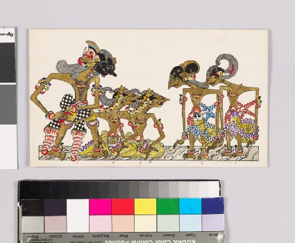 Card with characters from Wayang theatrefront