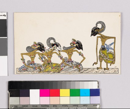 Card with characters from Wayang theatrefront