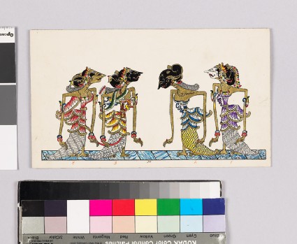 Card with characters from Wayang theatrefront