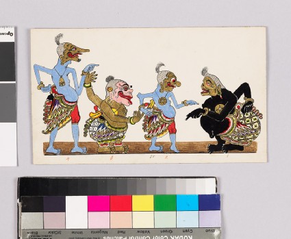 Card with characters from Wayang theatrefront