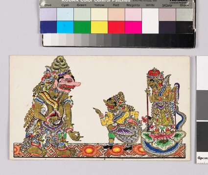 Card with characters from Wayang theatrefront