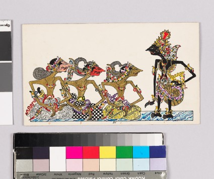 Card with characters from Wayang theatrefront