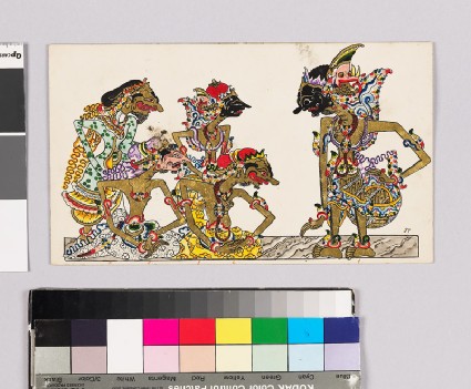 Card with characters from Wayang theatrefront