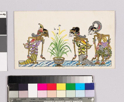 Card with characters from Wayang theatrefront