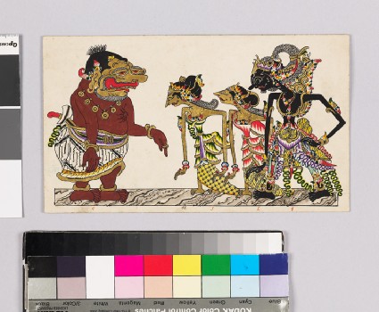 Card with characters from Wayang theatrefront